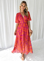 Load image into Gallery viewer, Women's Pink Orange Maxi Dress V Neck Short Sleeve Floral Flowing Style