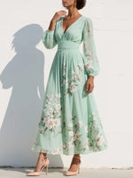 Load image into Gallery viewer, Freya | Women's Floral V-Neck Balloon-Sleeve Midi Dress