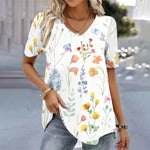 Load image into Gallery viewer, Women's Floral Blouses V Neck Short Sleeve Relaxed Flowing Tunic Style