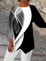 Load image into Gallery viewer, Women's Black and White Tunics Geometric Print Asymmetric Hem Long Sleeve