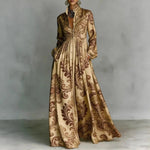Load image into Gallery viewer, Women's Printed Maxi Dress Stand Collar Long Sleeve Button Front High Waist Bohemian Style