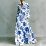 Load image into Gallery viewer, Women's Printed Maxi Dress Stand Collar Long Sleeve Button Front High Waist Bohemian Style