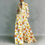 Load image into Gallery viewer, Women's Printed Maxi Dress Stand Collar Long Sleeve Button Front High Waist Bohemian Style