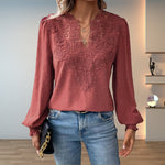 Load image into Gallery viewer, Women's Blouses Lace Bodice V-Neck Smocked Cuff Long Sleeve Style