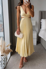 Load image into Gallery viewer, Women's Yellow Maxi Dress Pleated Skirt Cut-Out Waist Formal Wedding Guest Style