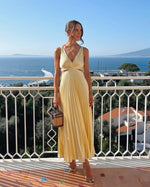 Load image into Gallery viewer, Women's Yellow Maxi Dress Pleated Skirt Cut-Out Waist Formal Wedding Guest Style