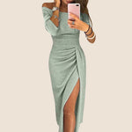 Load image into Gallery viewer, Women's Green Wedding Guest Dress One Shoulder Ruched Side Split Midi Formal Style