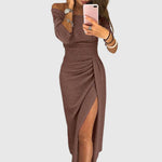 Load image into Gallery viewer, Women's Green Wedding Guest Dress One Shoulder Ruched Side Split Midi Formal Style