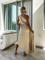Load image into Gallery viewer, Women's Satin Maxi Dress One Shoulder Pleated Floral Brooch Formal Wedding Guest Style