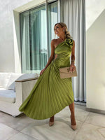 Load image into Gallery viewer, Women's Satin Maxi Dress One Shoulder Pleated Floral Brooch Formal Wedding Guest Style