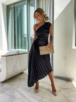 Load image into Gallery viewer, Women's Satin Maxi Dress One Shoulder Pleated Floral Brooch Formal Wedding Guest Style