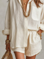 Load image into Gallery viewer, Effortless Linen Short Set for Women with Button Front Long Sleeve Relaxed Two Piece Style