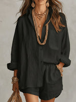Load image into Gallery viewer, Effortless Linen Short Set for Women with Button Front Long Sleeve Relaxed Two Piece Style