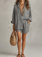 Load image into Gallery viewer, Effortless Linen Short Set for Women with Button Front Long Sleeve Relaxed Two Piece Style