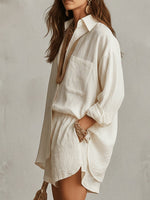 Load image into Gallery viewer, Effortless Linen Short Set for Women with Button Front Long Sleeve Relaxed Two Piece Style
