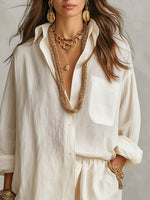 Load image into Gallery viewer, Effortless Linen Short Set for Women with Button Front Long Sleeve Relaxed Two Piece Style