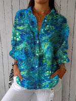 Load image into Gallery viewer, Women's Peacock Print Blouse V-Neck Long Sleeve Button Up Design