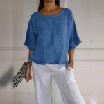 Load image into Gallery viewer, Women's Blouses Relaxed Fit Frayed Hem Linen Look Short Sleeve