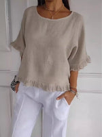 Load image into Gallery viewer, Women's Blouses Relaxed Fit Frayed Hem Linen Look Short Sleeve