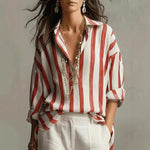 Load image into Gallery viewer, Women's Blouses Vertical Stripe Open Collar Long Sleeve Relaxed Fit