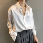 Load image into Gallery viewer, Women's Satin Blouses Collar Long Sleeve Button Front Relaxed Silky Style