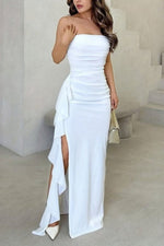 Load image into Gallery viewer, Women's White Satin Maxi Dress Strapless Ruched High Slit Formal Wedding Guest Style