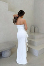 Load image into Gallery viewer, Women's White Satin Maxi Dress Strapless Ruched High Slit Formal Wedding Guest Style