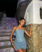 Load image into Gallery viewer, Women's Blue Sequin Mini Dress Strapless Bodycon Sparkle Formal Party Style