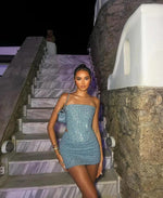 Load image into Gallery viewer, Women's Blue Sequin Mini Dress Strapless Bodycon Sparkle Formal Party Style
