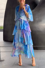 Load image into Gallery viewer, Women's Tie Dye Maxi Dress V Neck Bell Sleeve Tiered Ruffle Flowing Bohemian Style