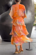 Load image into Gallery viewer, Women's Tie Dye Maxi Dress V Neck Bell Sleeve Tiered Ruffle Flowing Bohemian Style