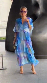 Load image into Gallery viewer, Women's Tie Dye Maxi Dress V Neck Bell Sleeve Tiered Ruffle Flowing Bohemian Style