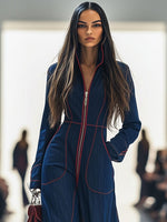 Load image into Gallery viewer, Women's Dark Blue Wide Leg Jumpsuit Long Sleeve Zip Front