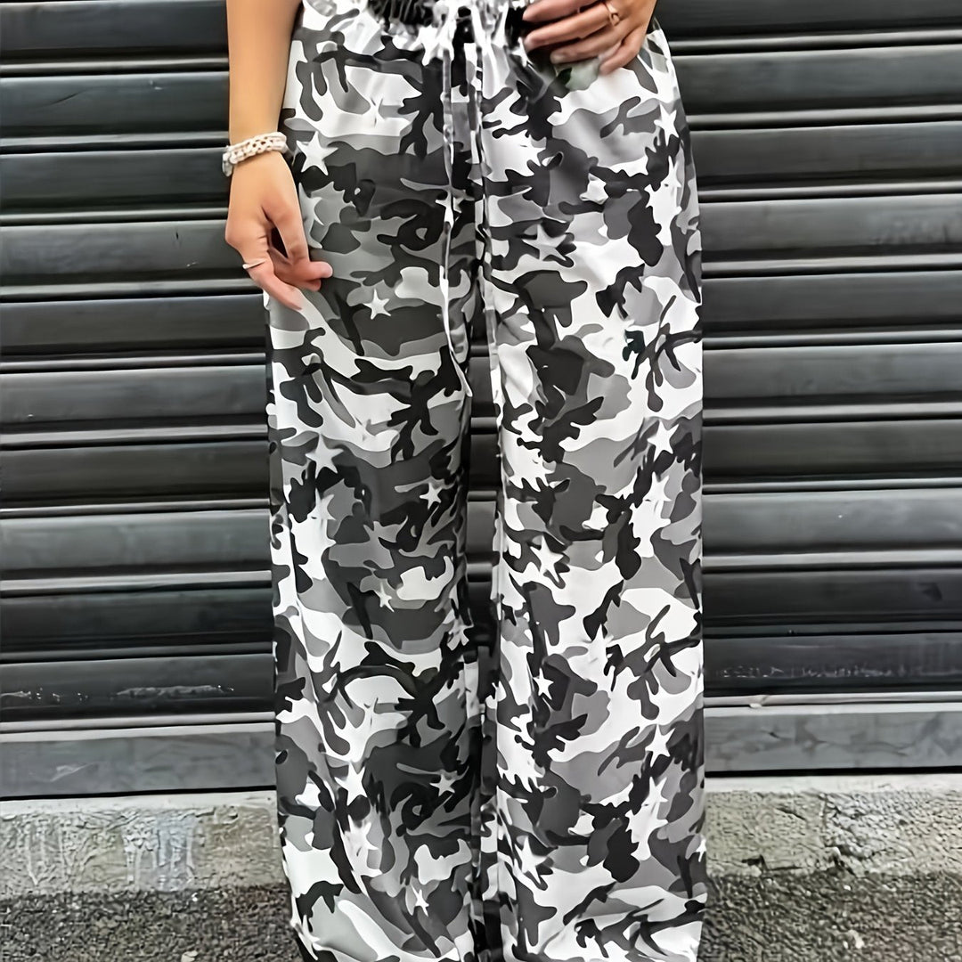 Women's Camo Cargo Pants Wide Leg Drawstring Waist Baggy Fit