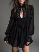 Load image into Gallery viewer, Women's Black Mini Dress High Neck Keyhole Sheer Balloon Sleeve Flowing Babydoll Style
