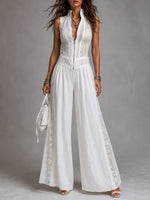 Load image into Gallery viewer, Women's White Jumpsuit V-Neck Sleeveless Wide Leg Palazzo Style
