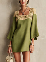 Load image into Gallery viewer, Women's Green Mini Dress Square Neck Embroidered Bell Sleeve
