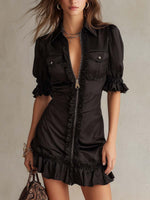 Load image into Gallery viewer, Women's Black Mini Dress Ruffle Trim Zip Front Party Style
