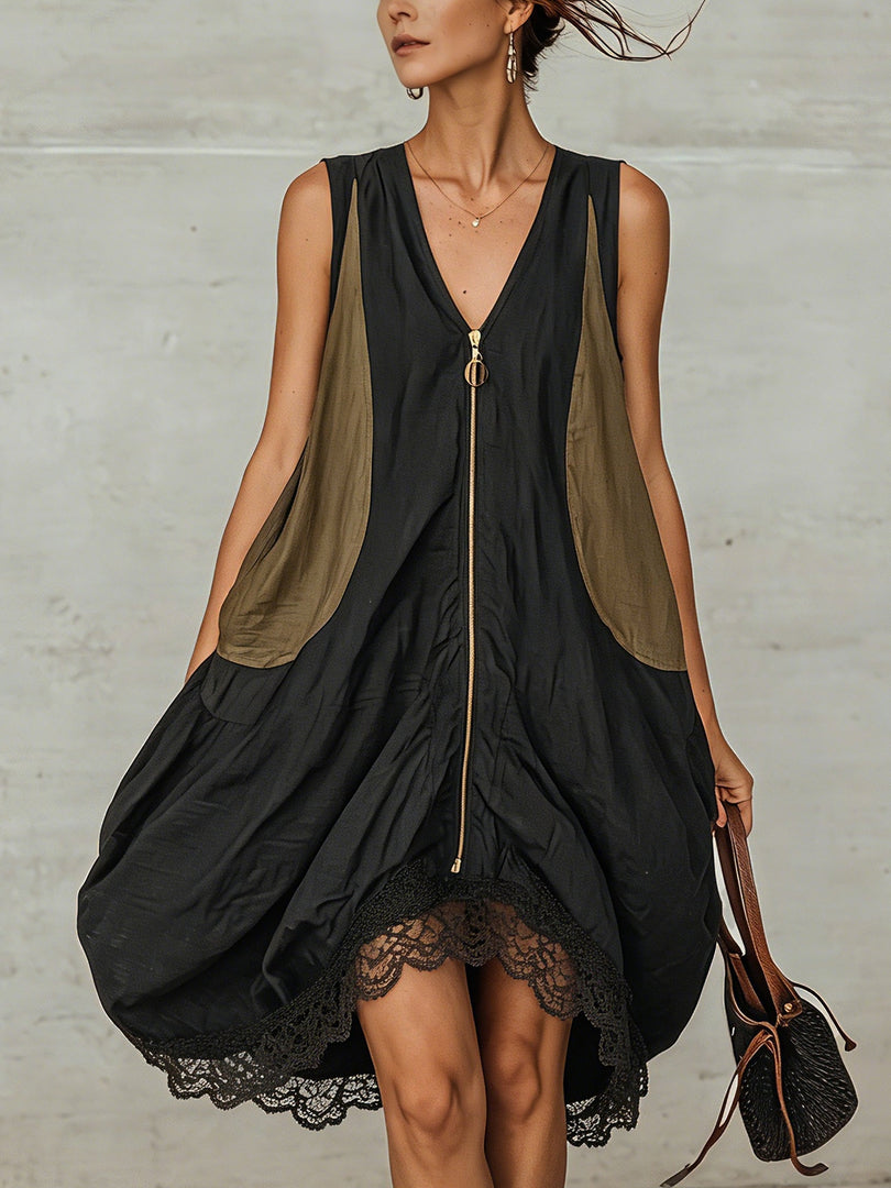 Women's Black Midi Dress V Neck Sleeveless Zip Front Lace Hem Relaxed Style