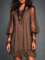 Load image into Gallery viewer, Women's Brown Mini Dress Round Neck Sheer Long Sleeve Crochet Hem Flowing Boho Style
