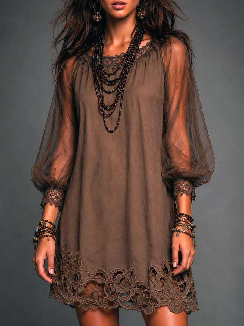 Women's Brown Mini Dress Round Neck Sheer Long Sleeve Crochet Hem Flowing Boho Style