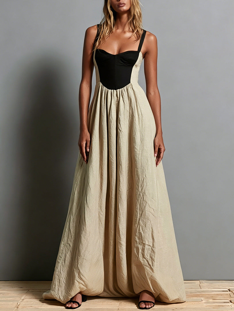 Women's Khaki Two Tone Maxi Dress Corset Bodice Flowing Skirt