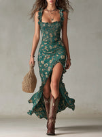 Load image into Gallery viewer, Women's Green Maxi Dress Boho Floral Sundress Style
