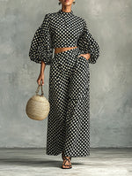 Load image into Gallery viewer, Women's Two Piece Set Puff Sleeve Crop Top Wide Leg Palazzo Pants Polka Dot Style
