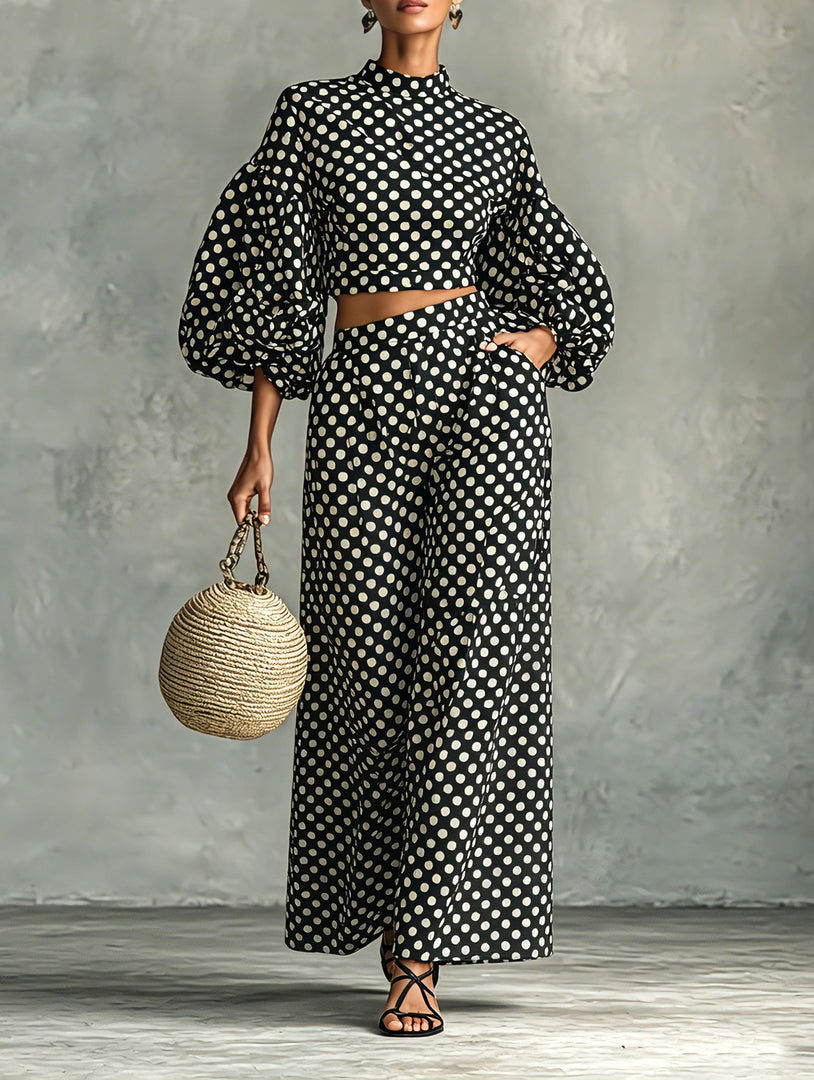 Women's Two Piece Set Puff Sleeve Crop Top Wide Leg Palazzo Pants Polka Dot Style