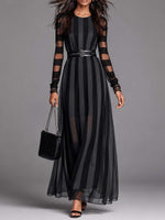 Load image into Gallery viewer, Women's Black Maxi Dress Round Neck Long Sleeve Sheer Stripe Belted Formal Style

