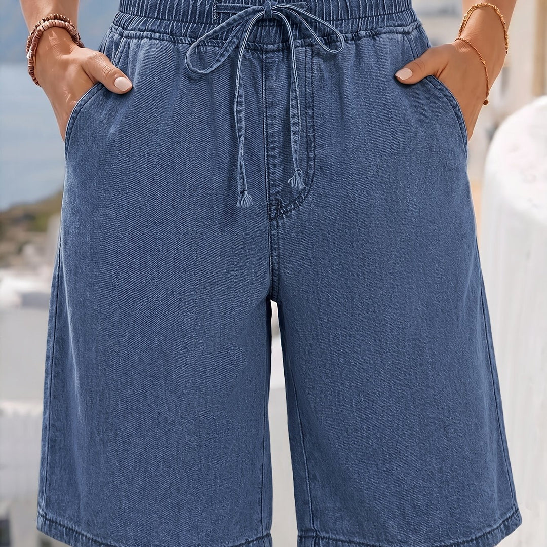 Women's Blue Jean Shorts High Waist Drawstring Pocket Bermuda Style
