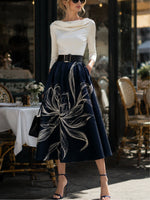 Load image into Gallery viewer, Women's Navy Floral Midi Skirt Full Pleated a Line Style
