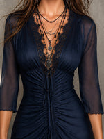 Load image into Gallery viewer, Women's Navy Bodycon Mini Dress Lace Up Mesh Sleeve Ruched
