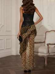 Women's Leopard Print Maxi Dress Lace Bodice Thigh High Slit